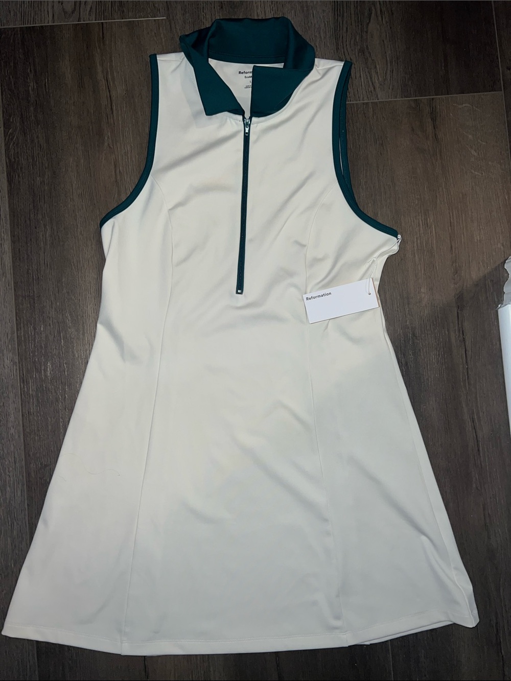 Reformation Sleeveless Ivory Tennis Dress with Green Trim